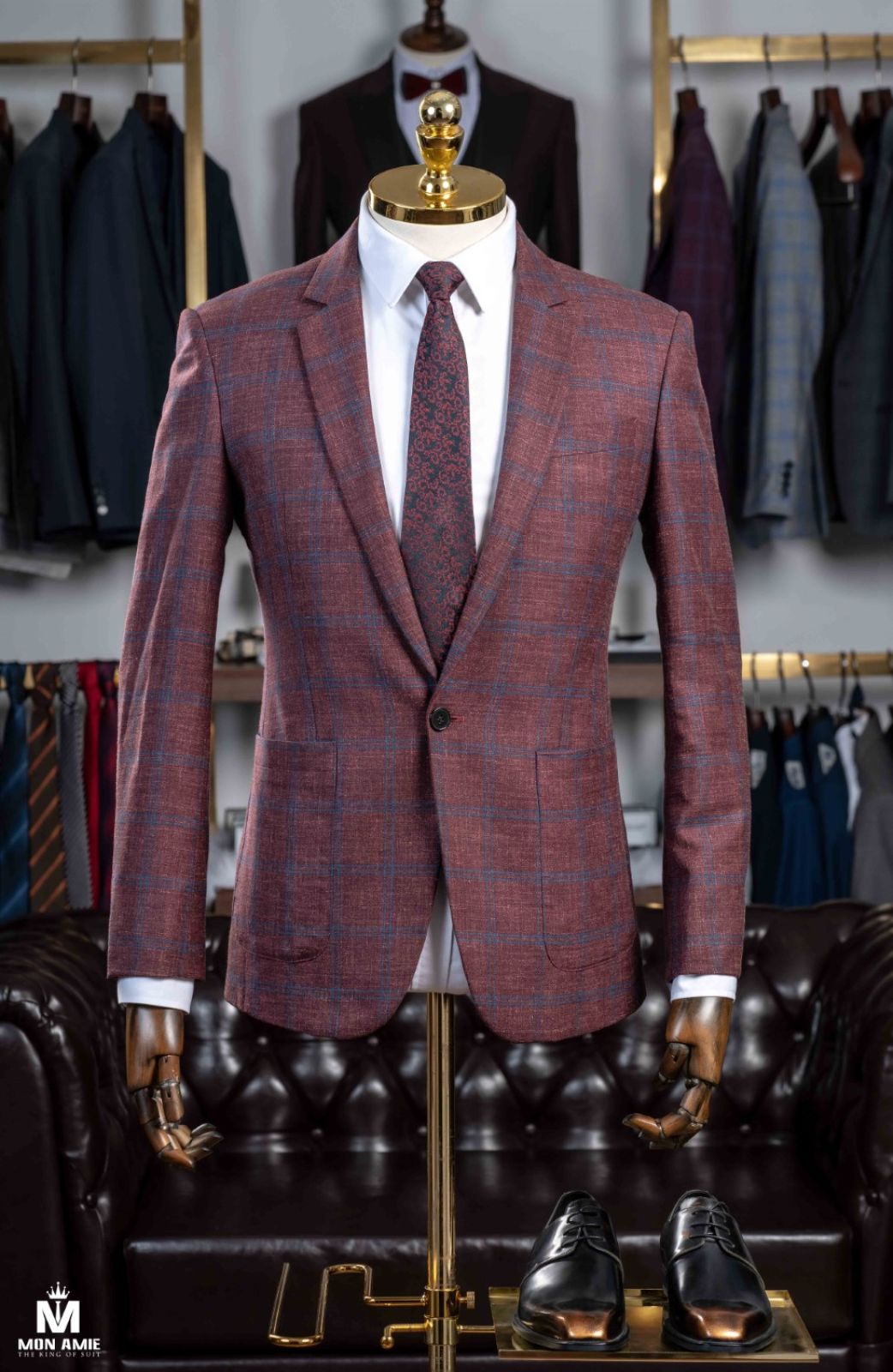 Blue Plaid On Redwood Suit With Patched Pockets 